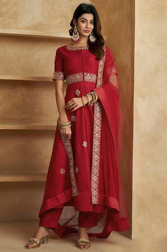 Red Chanderi Silk Embroidery Work Kurta Pant with Net Dupatta For Women