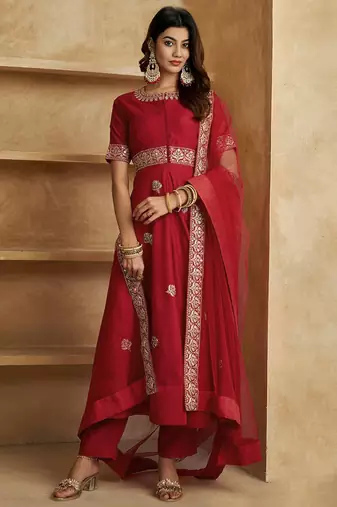 Red Chanderi Silk Embroidery Work Kurta Pant with Net Dupatta For Women