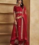 Trendmalls Red Chanderi Silk Embroidery Work Kurta Pant with Net Dupatta For Women