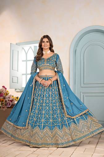 TEAL BLUE EMBROIDERED sequin WORK LEHENGA choli