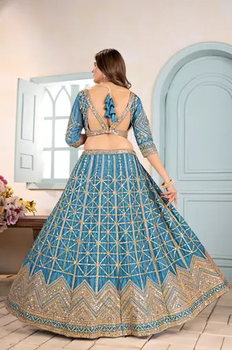 TEAL BLUE EMBROIDERED sequin WORK LEHENGA choli