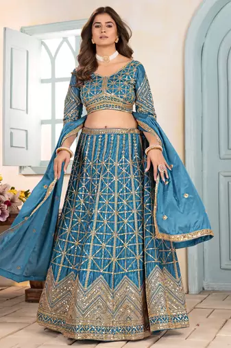 TEAL BLUE EMBROIDERED sequin WORK LEHENGA choli