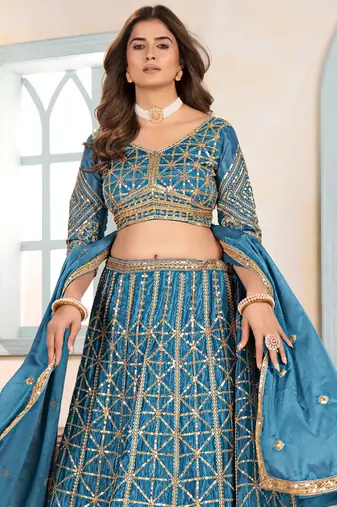 TEAL BLUE EMBROIDERED sequin WORK LEHENGA choli