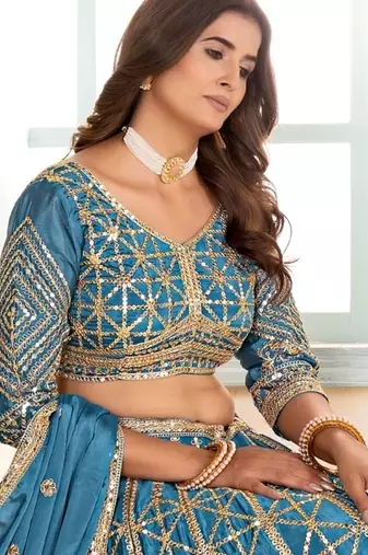 TEAL BLUE EMBROIDERED sequin WORK LEHENGA choli