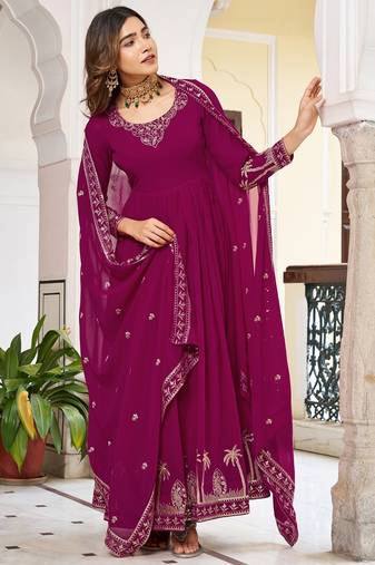 Elegant wine faux georgette gown set with palazzo and thread sequin embroidery