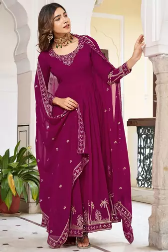 Elegant wine faux georgette gown set with palazzo and thread sequin embroidery
