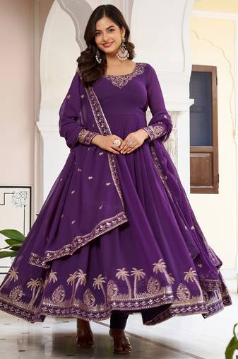 Elegant purple faux georgette gown set with palazzo and thread sequin embroidery