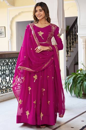 Elegant rani pink faux georgette gown set with palazzo and thread sequin embroidery