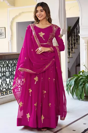 Elegant rani pink faux georgette gown set with palazzo and thread sequin embroidery