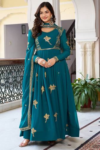 Elegant teal blue faux georgette gown set with palazzo and thread sequin embroidery