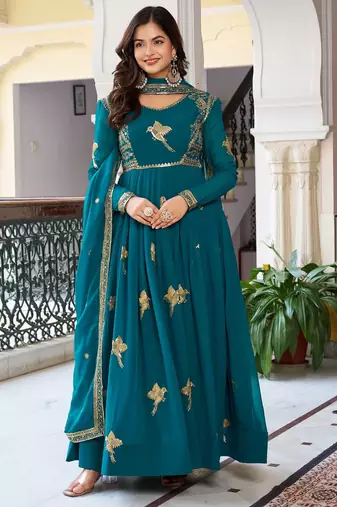 Elegant teal blue faux georgette gown set with palazzo and thread sequin embroidery