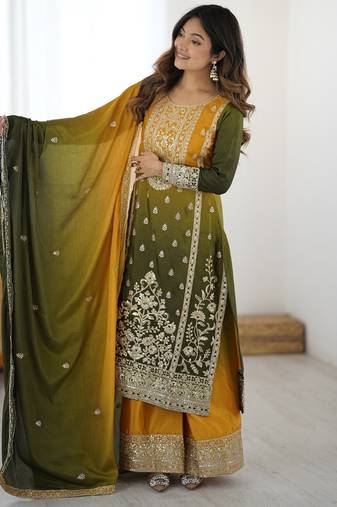 Mustard yellow and olive green chinon silk embroidered palazzo suit with dupatta