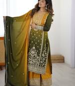 Mustard yellow and olive green chinon silk embroidered palazzo suit with dupatta