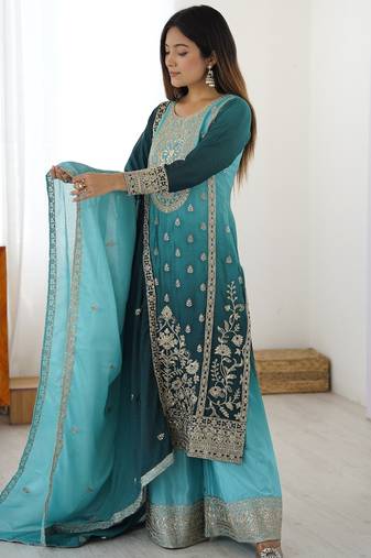 Teal and aqua blue chinon silk embroidered straight suit with palazzo and dupatta