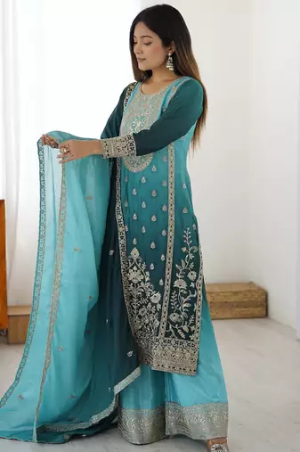 Teal and aqua blue chinon silk embroidered straight suit with palazzo and dupatta