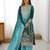 Teal and aqua blue chinon silk embroidered straight suit with palazzo and dupatta