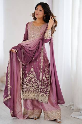 Pink chinon silk embroidered suit set with dupatta