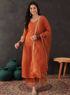Orange Chanderi Silk Embroidery Sequence Work Kurta Pant with Organza Dupatta Set  1