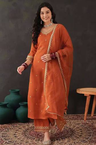 Orange Chanderi Silk Embroidery Sequence Work Kurta Pant with Organza Dupatta Set 