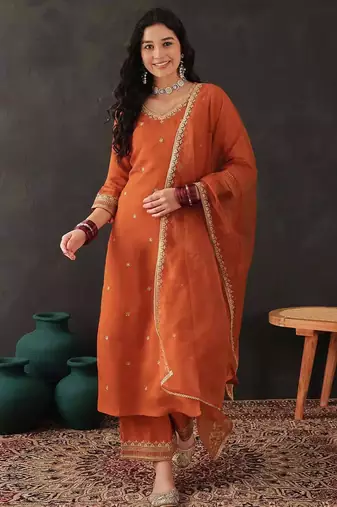 Orange Chanderi Silk Embroidery Sequence Work Kurta Pant with Organza Dupatta Set 