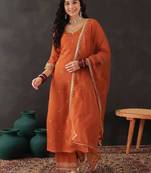 Trendmalls Orange Chanderi Silk Embroidery Sequence Work Kurta Pant with Organza Dupatta Set 