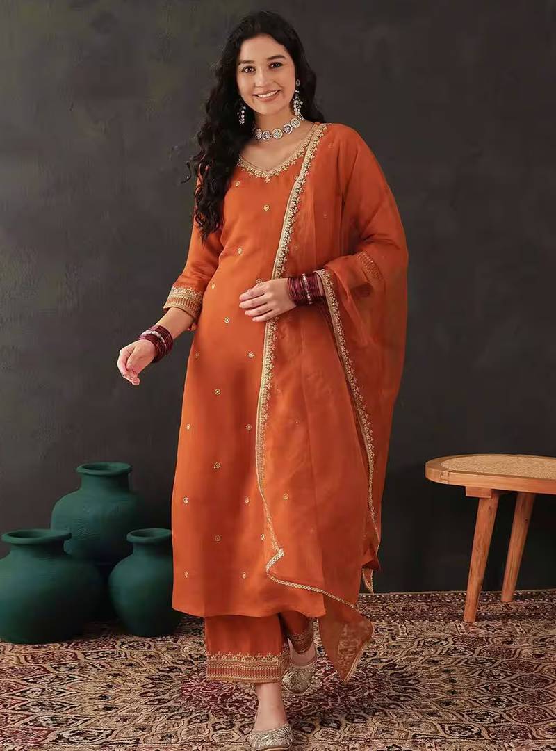 Orange Chanderi Silk Embroidery Sequence Work Kurta Pant with Organza Dupatta Set 