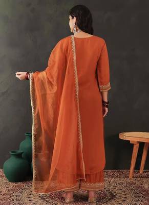 Orange Chanderi Silk Embroidery Sequence Work Kurta Pant with Organza Dupatta Set  2
