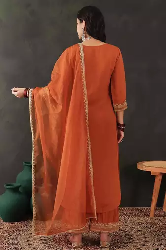 Trendmalls Orange Chanderi Silk Embroidery Sequence Work Kurta Pant with Organza Dupatta Set 