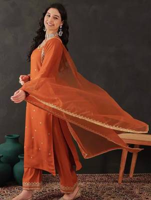 Orange Chanderi Silk Embroidery Sequence Work Kurta Pant with Organza Dupatta Set  3
