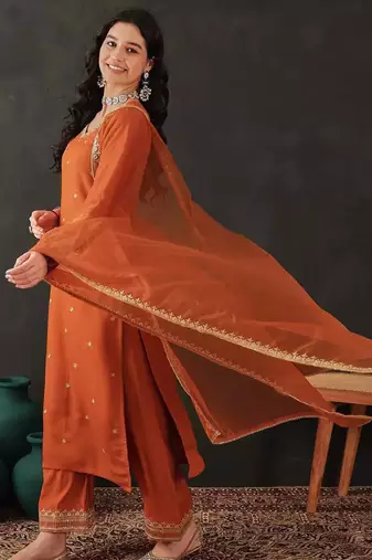 Trendmalls Orange Chanderi Silk Embroidery Sequence Work Kurta Pant with Organza Dupatta Set 