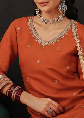 Orange Chanderi Silk Embroidery Sequence Work Kurta Pant with Organza Dupatta Set  4