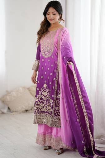Designer shaded pink & purple chinon silk suit set with dupatta