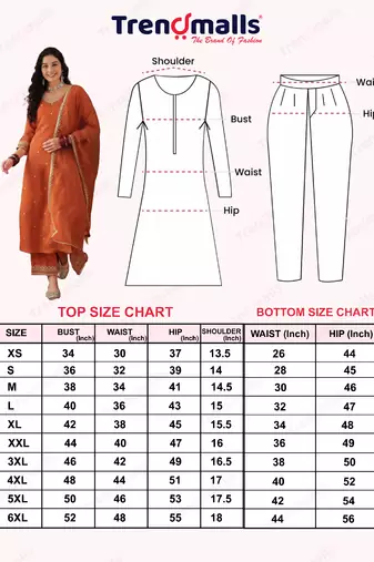 Trendmalls Orange Chanderi Silk Embroidery Sequence Work Kurta Pant with Organza Dupatta Set 