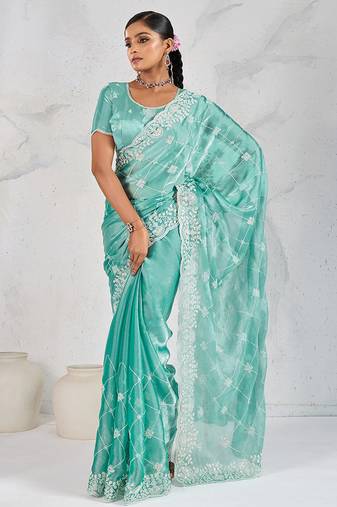 Turquoise thread work soft burberry saree