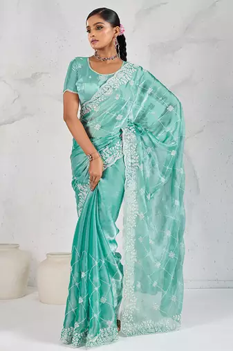 Turquoise thread work soft burberry saree