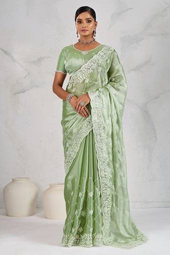 Light green thread work soft burberry saree