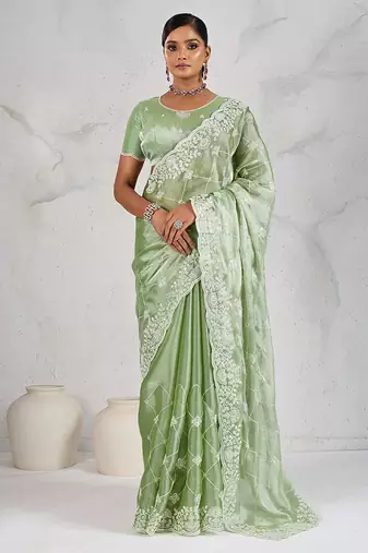 Light green thread work soft burberry saree