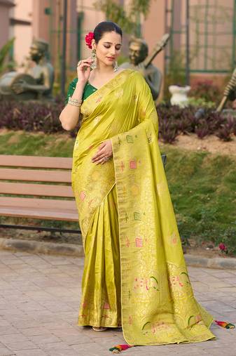 parrot green color dola silk blend saree