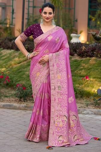 rose pink color dola silk blend saree