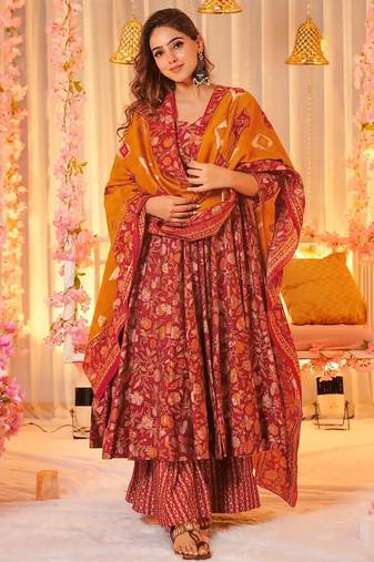 Red muslin printed designer palazzo suit