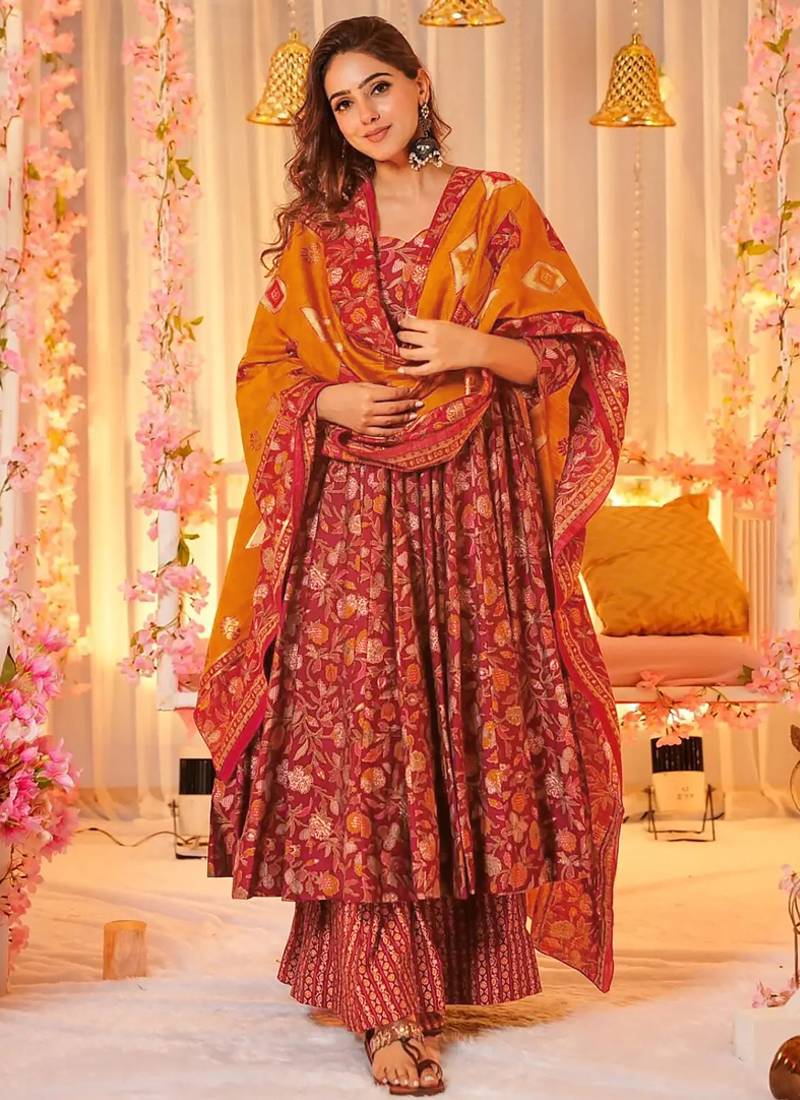 Red muslin printed designer palazzo suit