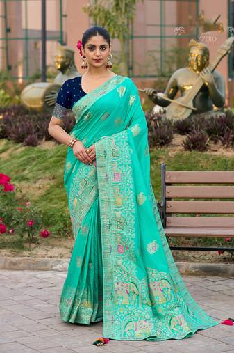 turquoise color dola silk blend saree