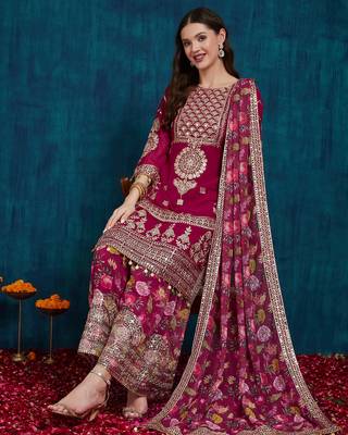 women's faux georgette fabric zari sequin embroidery work kurta set with dupatta 1