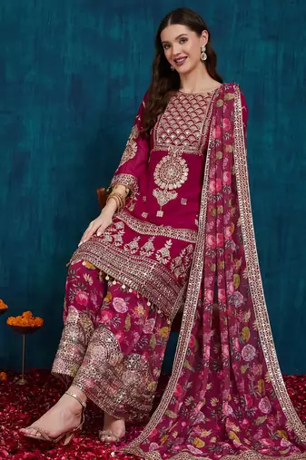 Riva enterprise women's faux georgette fabric zari sequence embroidery work kurtaset with dupatta