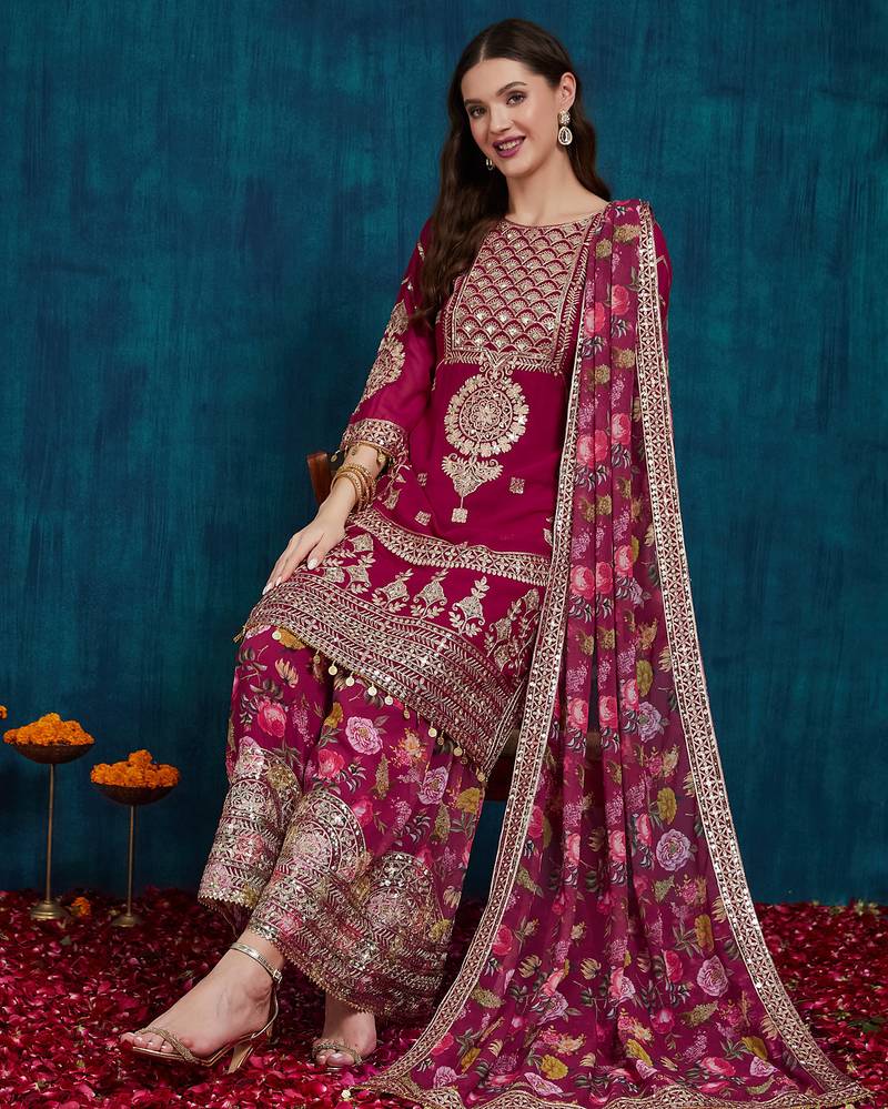 Riva enterprise women's faux georgette fabric zari sequence embroidery work kurtaset with dupatta