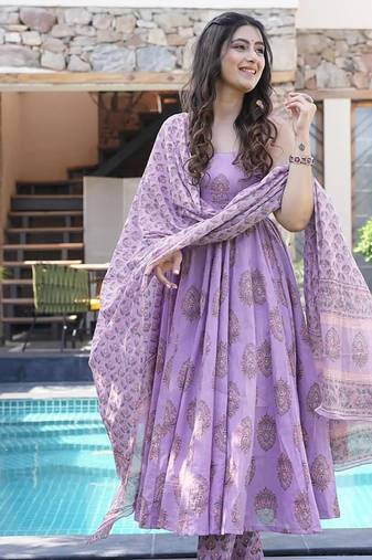 Lavender muslin printed designer plazzo suit