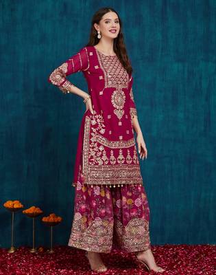 women's faux georgette fabric zari sequin embroidery work kurta set with dupatta 3