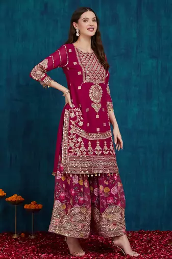 women's faux georgette fabric zari sequin embroidery work kurta set with dupatta