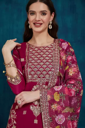 women's faux georgette fabric zari sequin embroidery work kurta set with dupatta