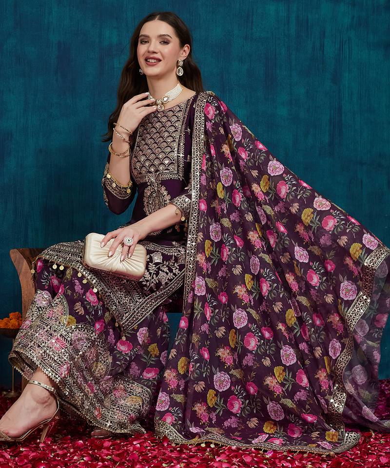 Riva enterprise women's faux georgette fabric zari sequence embroidery work kurtaset with dupatta